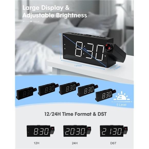 Digital Projector AlarmClock for Kids Bedroom,Plugin LED Display Clock with 350° - Picture 4 of 6